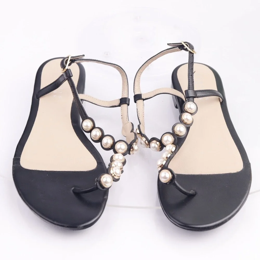 Barneys New York Women Sandal Size 37 6 Black Leather Pearl Thong Slingback Flat
